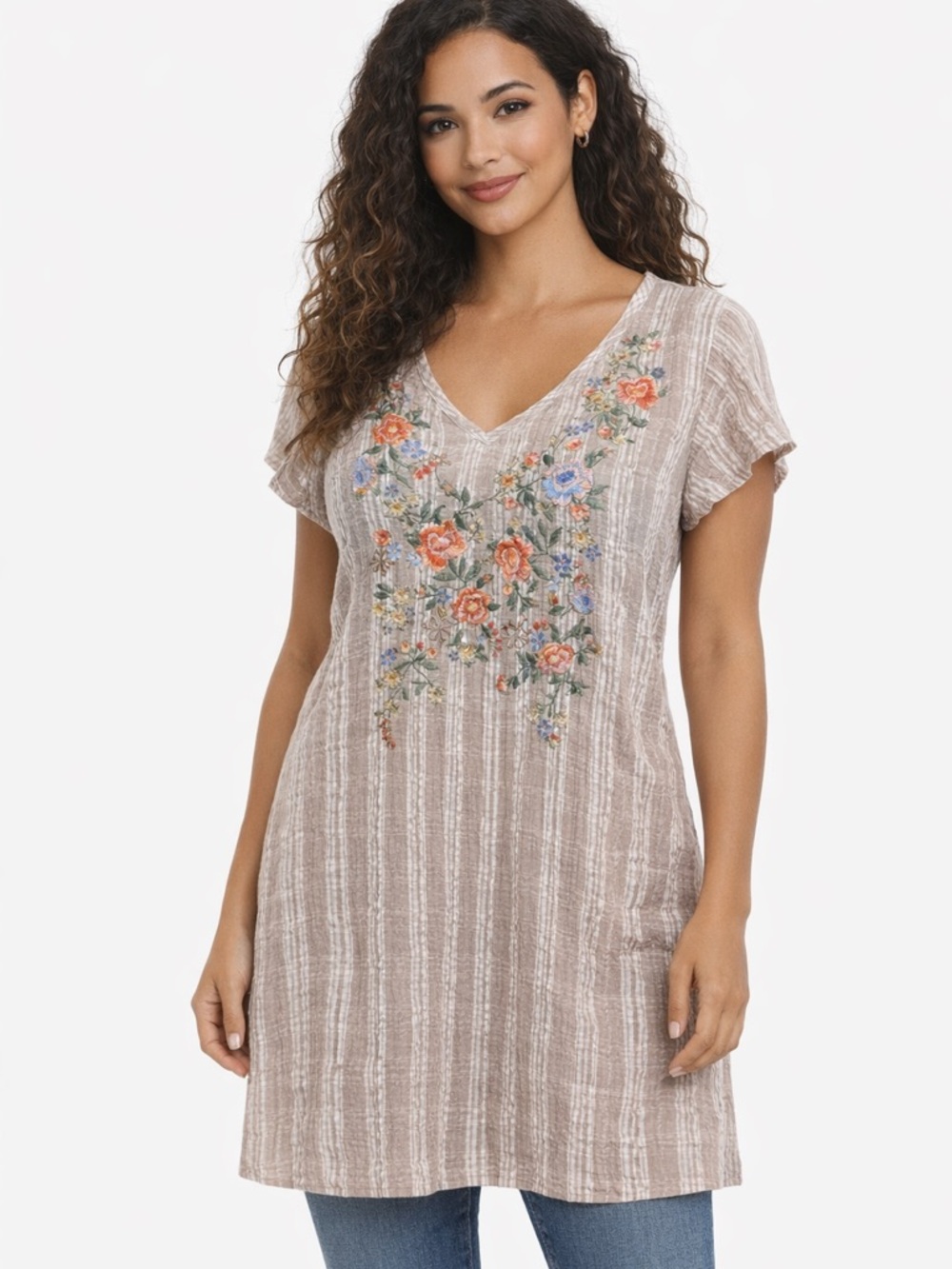 Beige Embroidered V‑Neck Lightweight cotton dress - Johnny Was Inspired